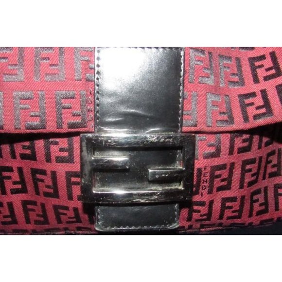 Fendi Mamma Zucco Zucchino Shoulder Bag Black Logo Print On Dark Red Canvas - Picture 10 of 12
